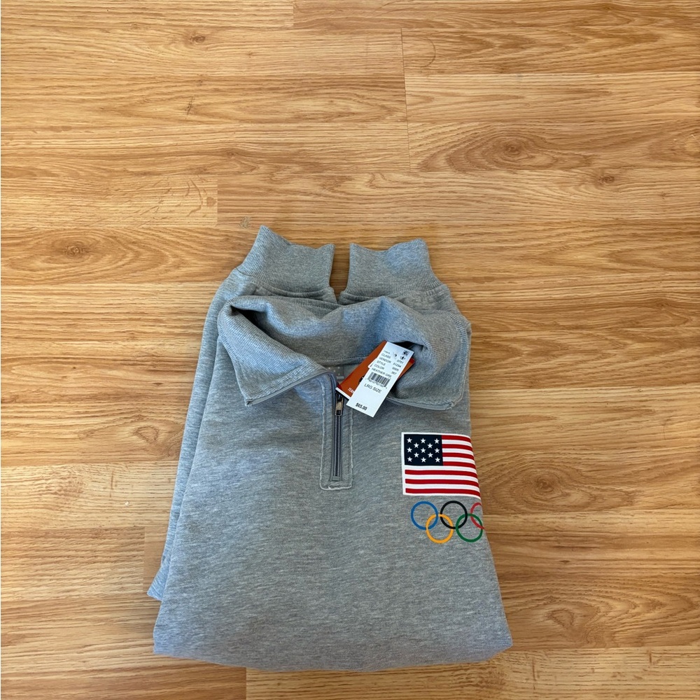 Gray Quarter-Zip Sweatshirt with USA Flag and Olympic Rings